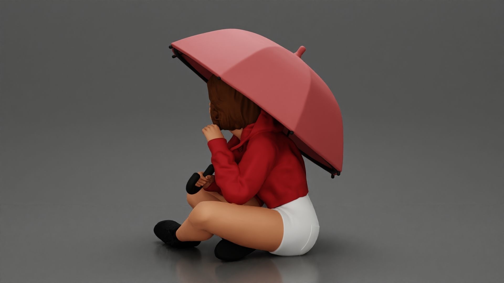 Pretty Girl with an Umbrella in Jacket and Shorts Sitting 3D print model_5