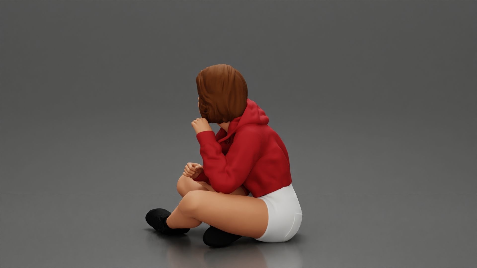 Pretty Girl with an Umbrella in Jacket and Shorts Sitting 3D print model_10