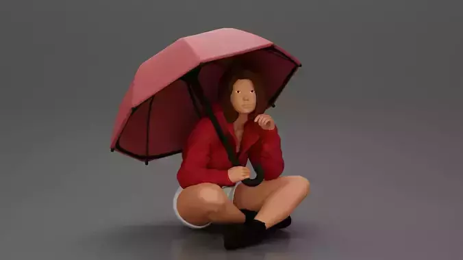 Pretty Girl with an Umbrella in Jacket and Shorts Sitting 3D print model