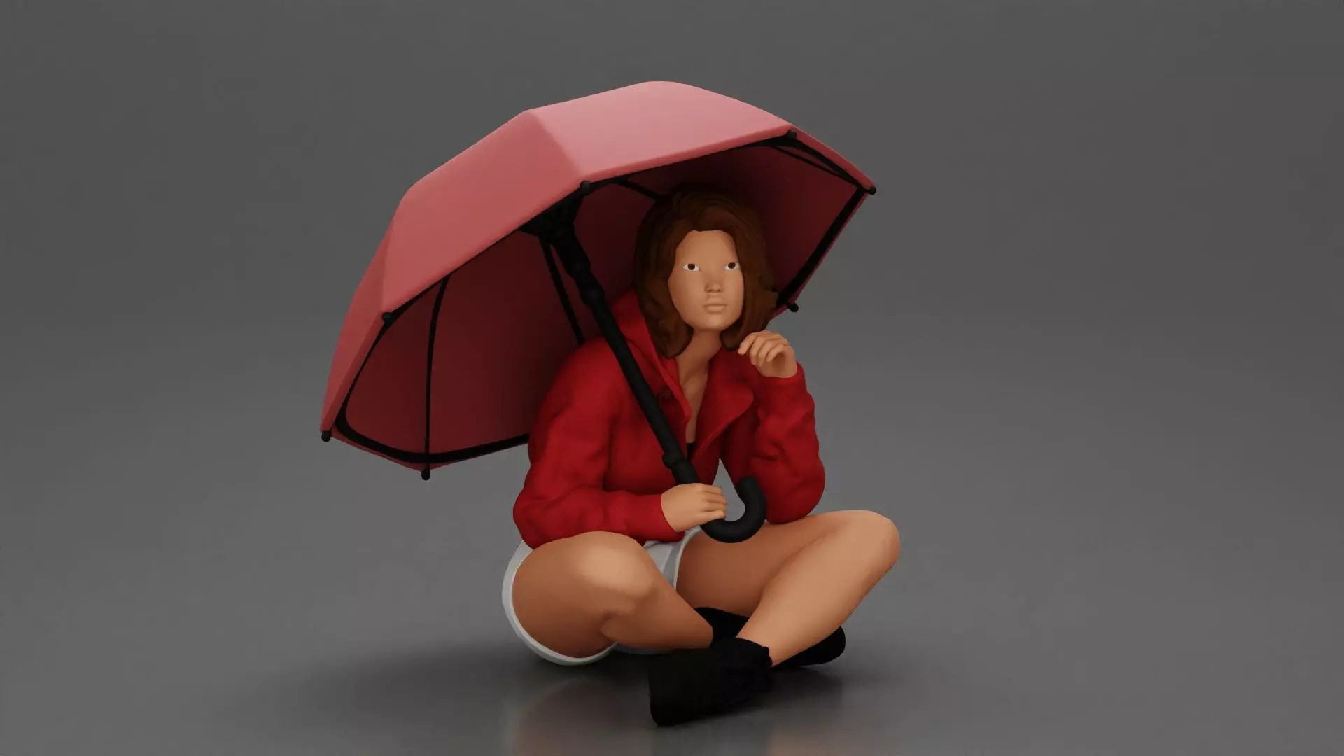 Pretty Girl with an Umbrella in Jacket and Shorts Sitting 3D print model_0