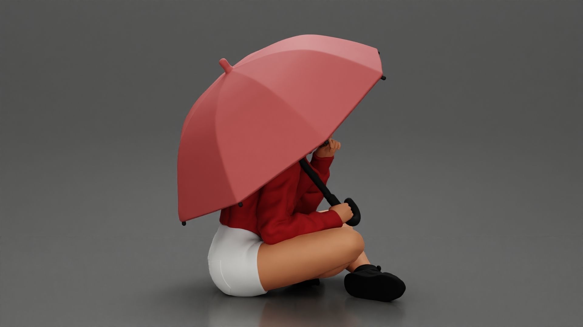 Pretty Girl with an Umbrella in Jacket and Shorts Sitting 3D print model_2