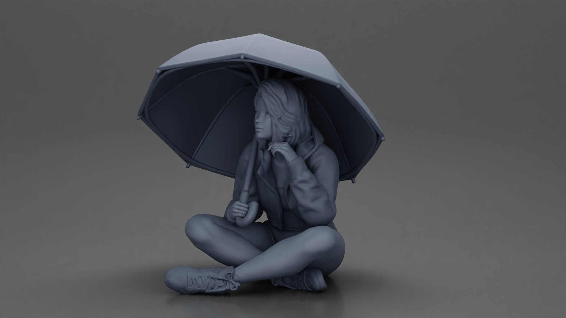 Pretty Girl with an Umbrella in Jacket and Shorts Sitting 3D print model_21