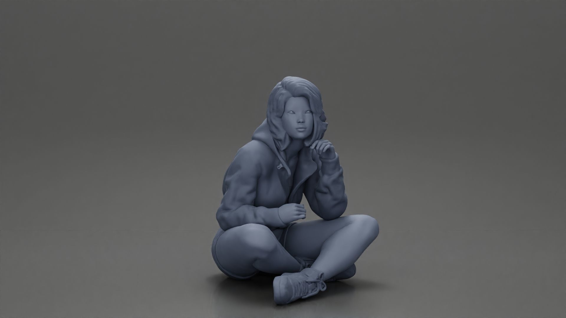 Pretty Girl with an Umbrella in Jacket and Shorts Sitting 3D print model_13
