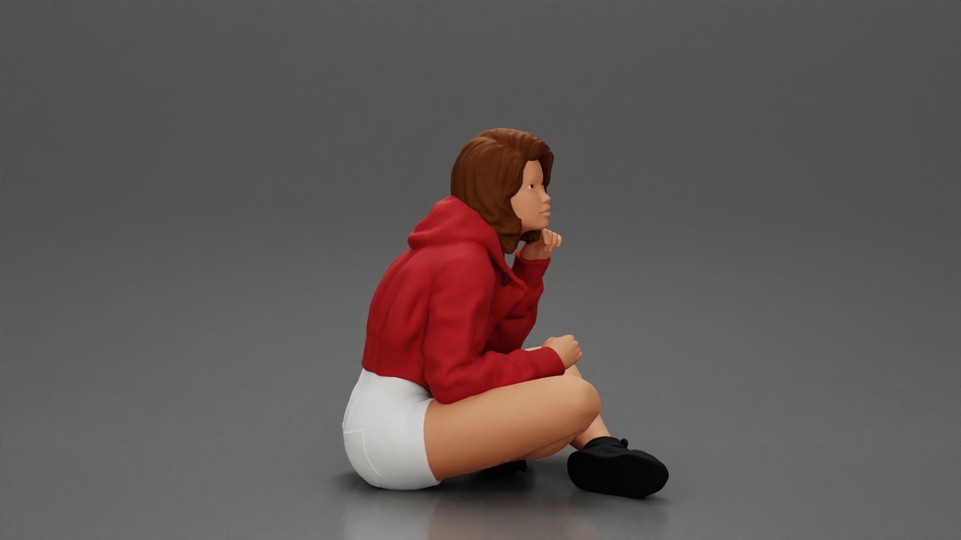 Pretty Girl with an Umbrella in Jacket and Shorts Sitting 3D print model_7