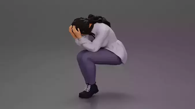 sad girl in puff-sleeve shirt sitting crying hands covering face 3D print model