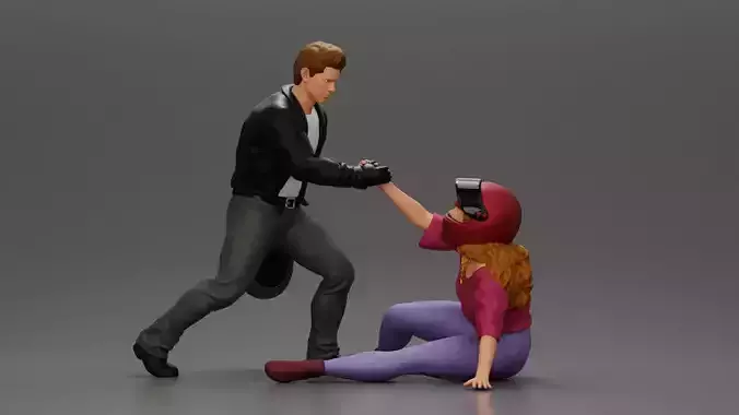 motorbike holding helmet helps girl who fell off bike stand up