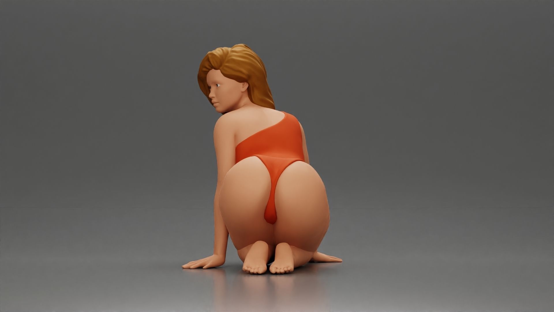Woman in One-Piece Bikini in a Kneeling Pin-Up Pose on the Beach 3D print model_5