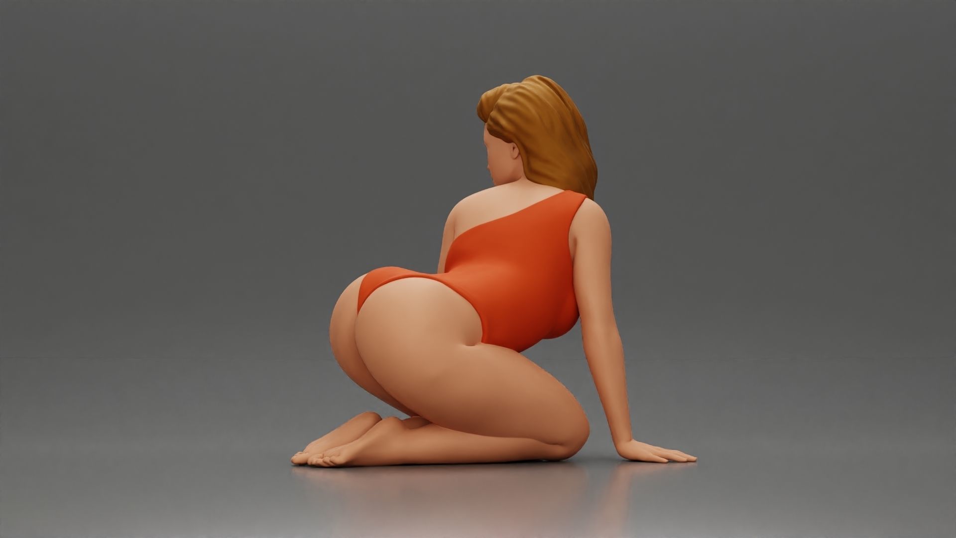 Woman in One-Piece Bikini in a Kneeling Pin-Up Pose on the Beach 3D print model_4