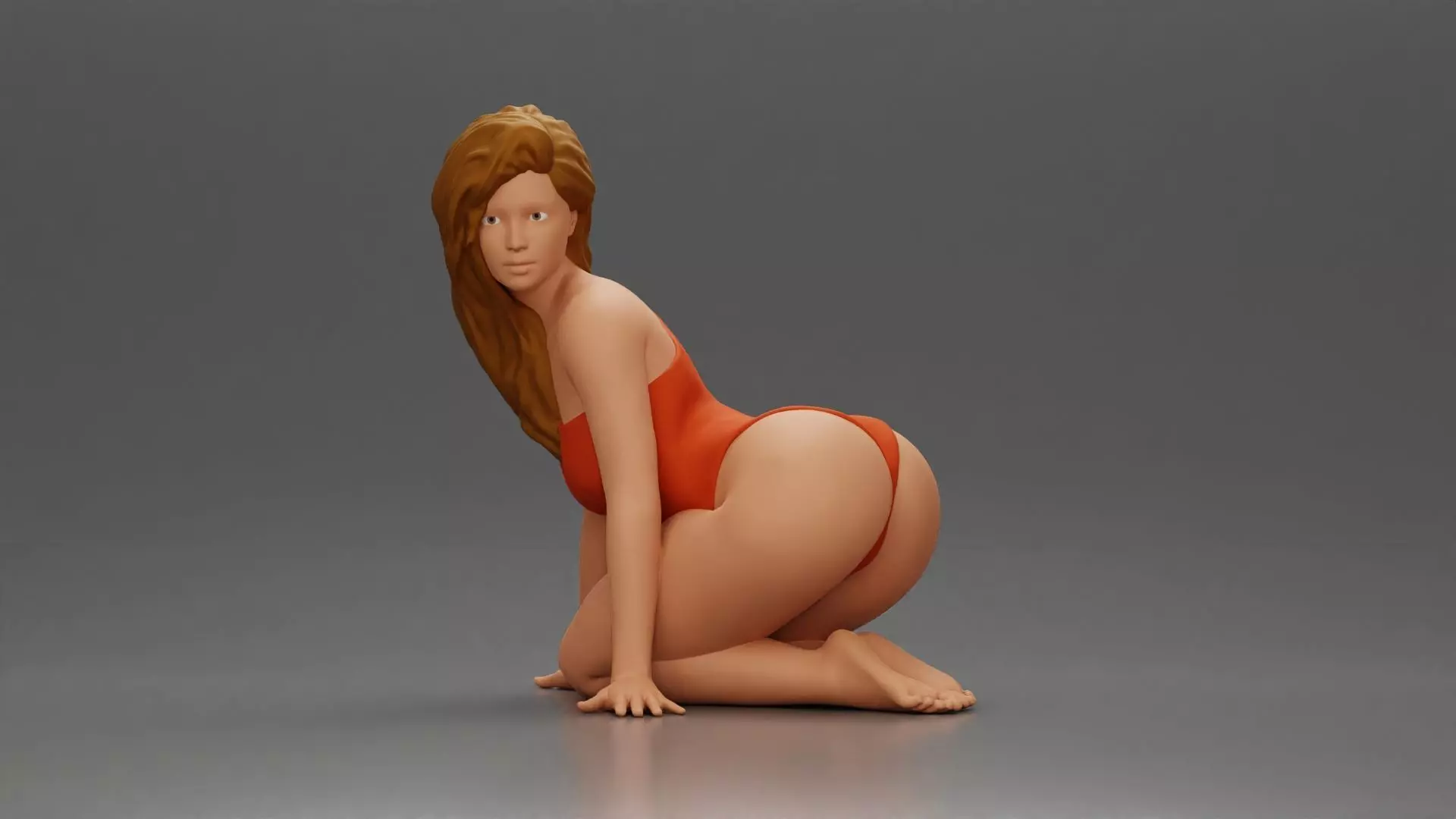 Woman in One-Piece Bikini in a Kneeling Pin-Up Pose on the Beach 3D print model_0