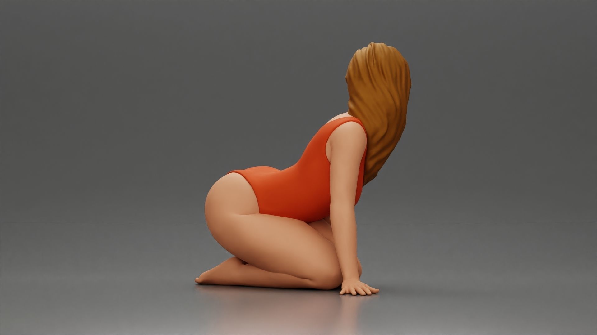 Woman in One-Piece Bikini in a Kneeling Pin-Up Pose on the Beach 3D print model_3