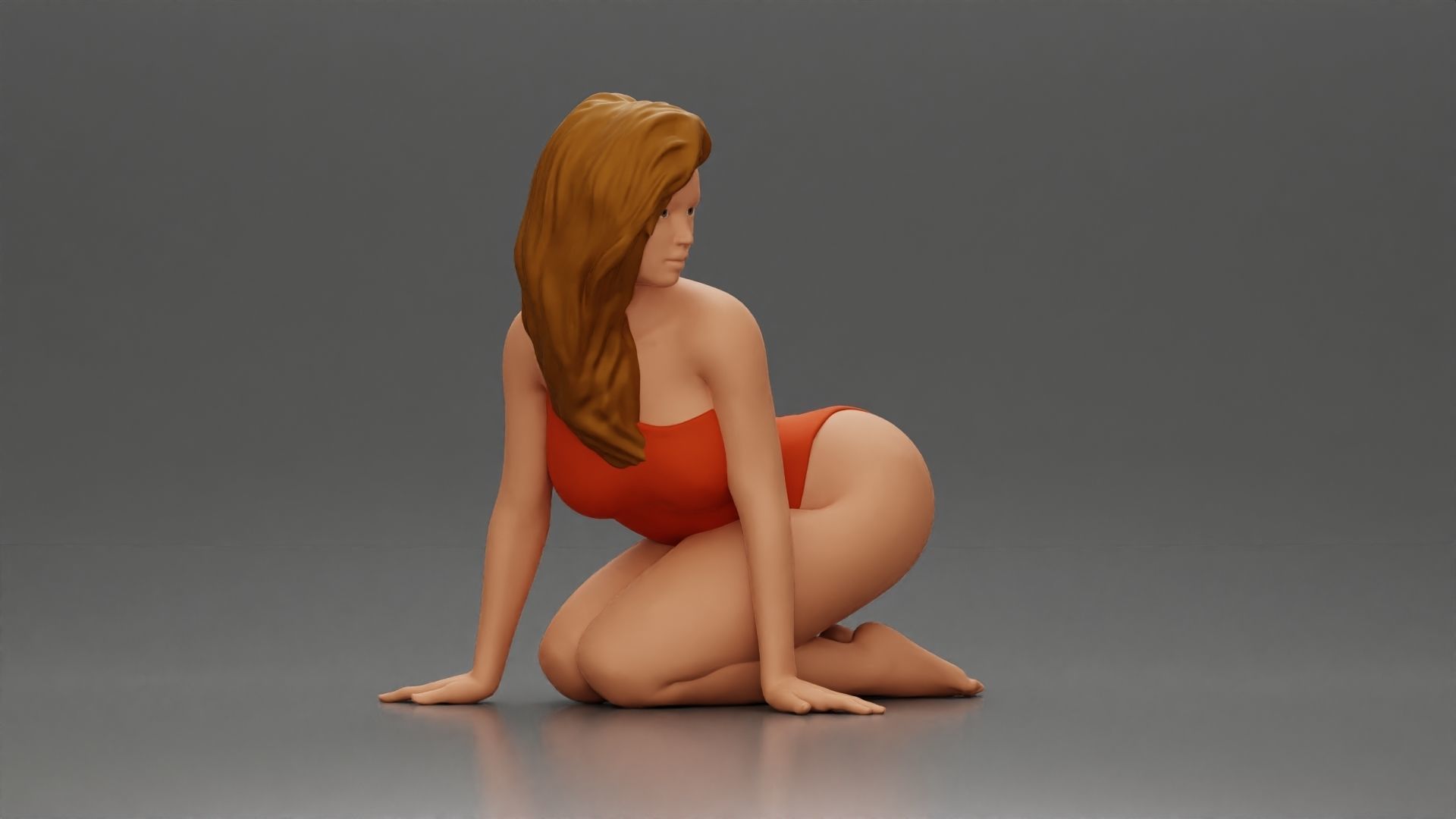 Woman in One-Piece Bikini in a Kneeling Pin-Up Pose on the Beach 3D print model_1