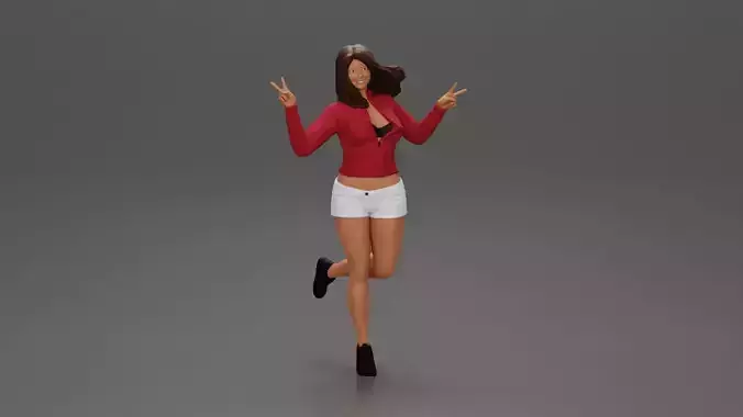 happy girl in a mini jacket and shorts jumping on one leg