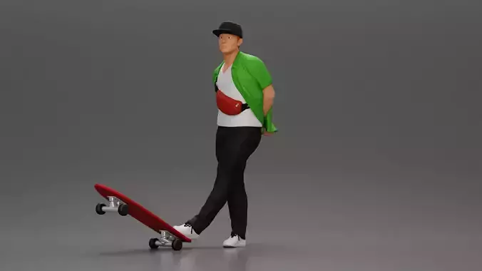 skater leaning against wall wearing cap open shirt banana bag