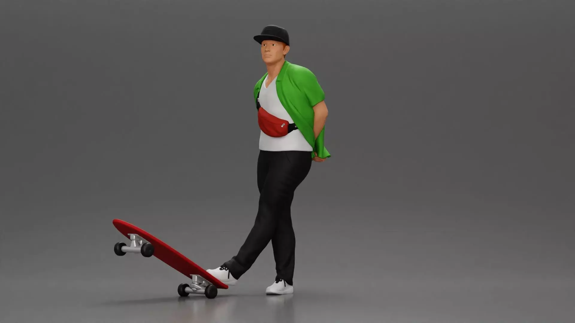 skater leaning against wall wearing cap open shirt banana bag 3D print model_0