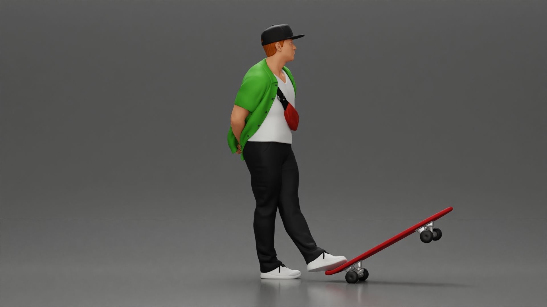 skater leaning against wall wearing cap open shirt banana bag 3D print model_3