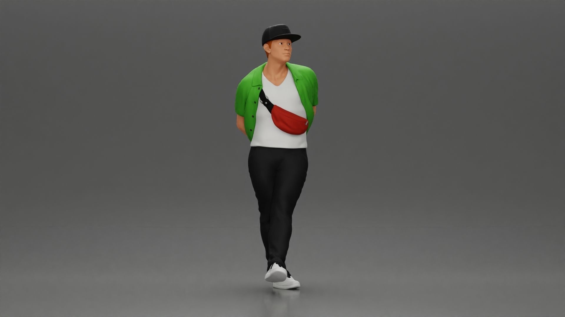 skater leaning against wall wearing cap open shirt banana bag 3D print model_13