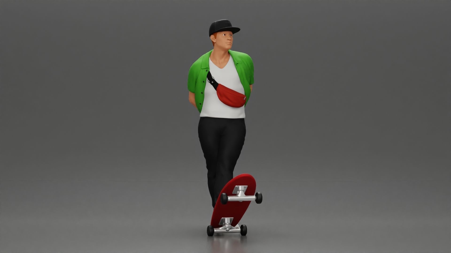 skater leaning against wall wearing cap open shirt banana bag 3D print model_2