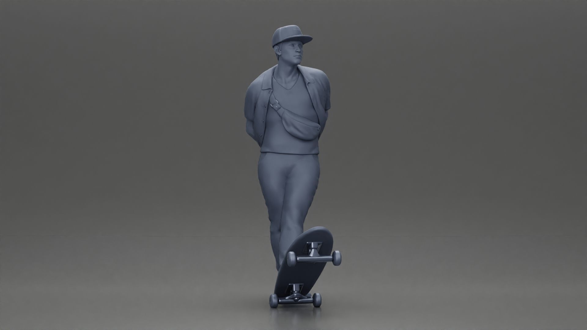 skater leaning against wall wearing cap open shirt banana bag 3D print model_8