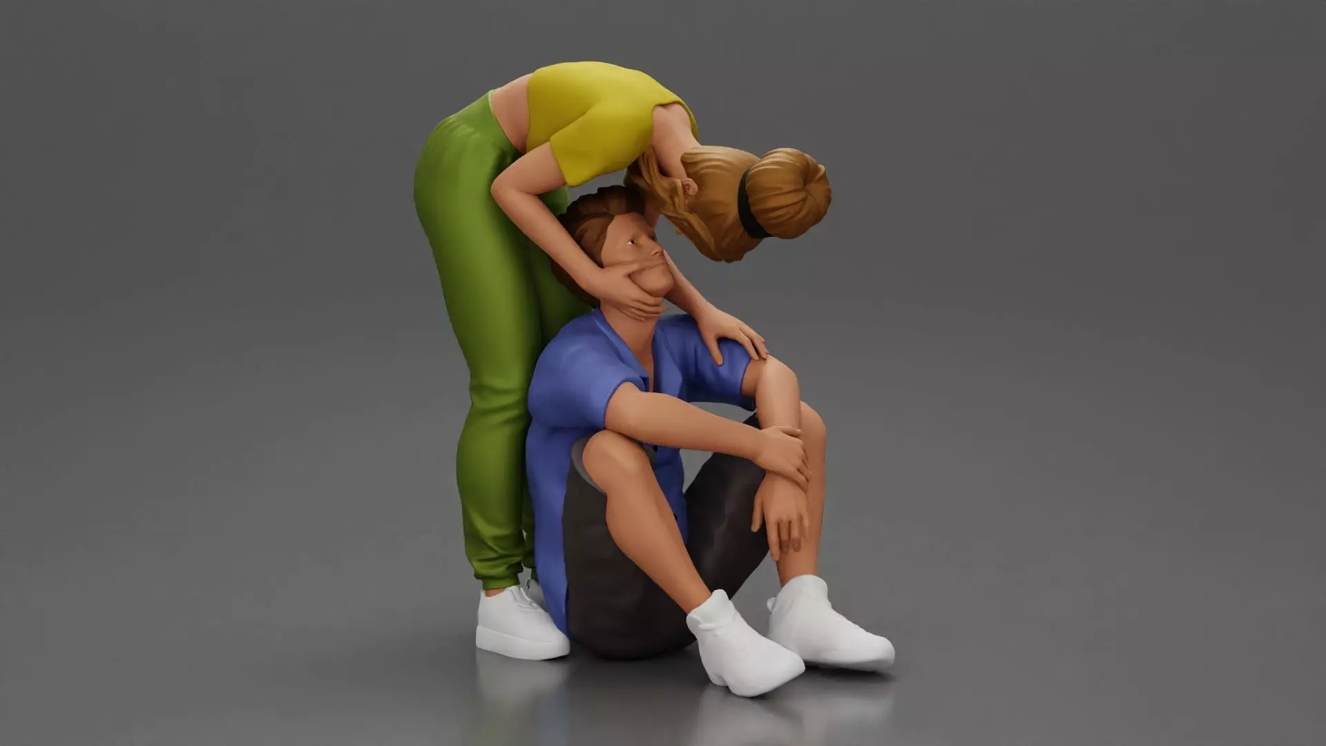 girl standing behind boyfriend touching face while he sits 3D print model_0