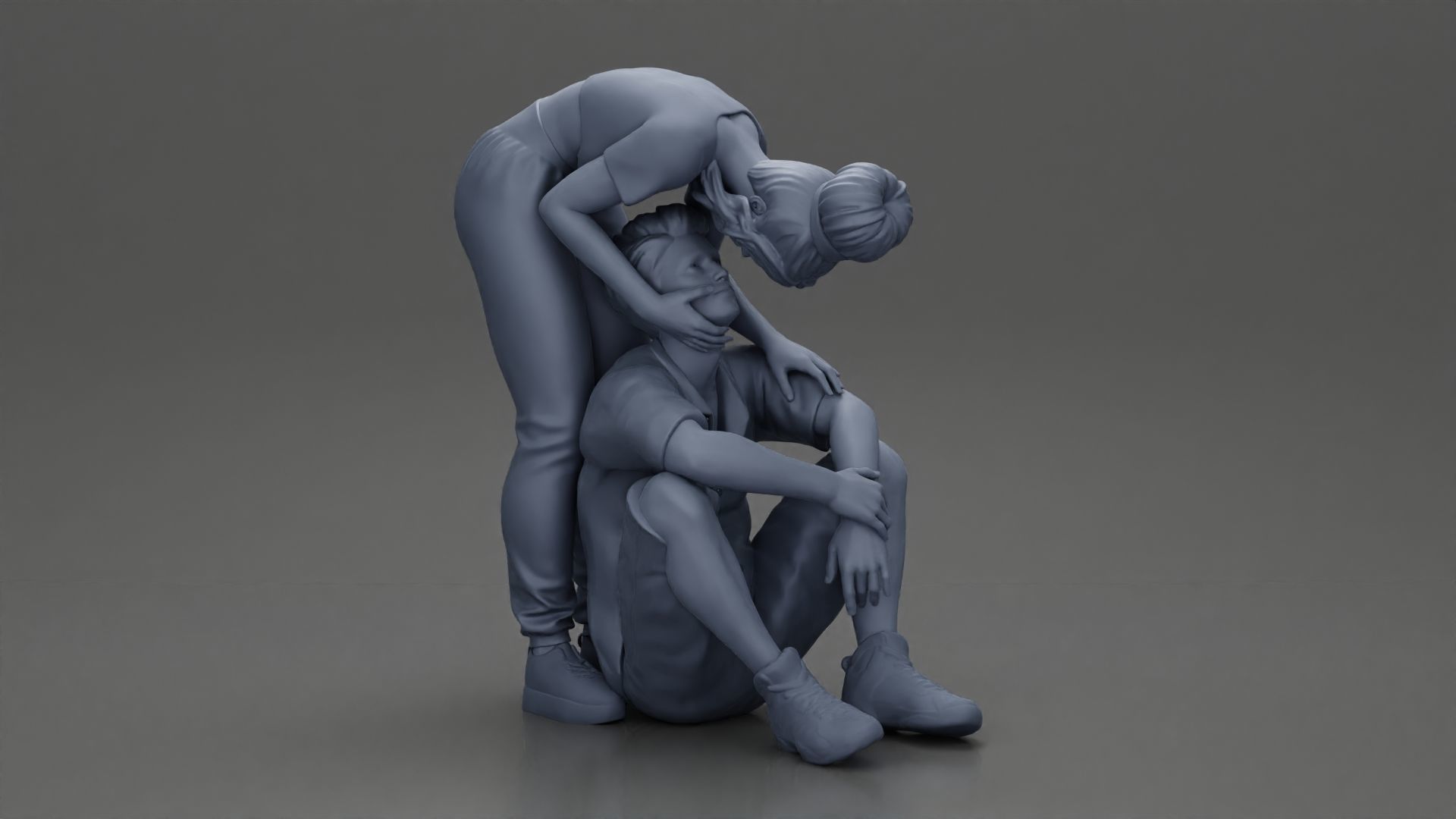 girl standing behind boyfriend touching face while he sits 3D print model_8