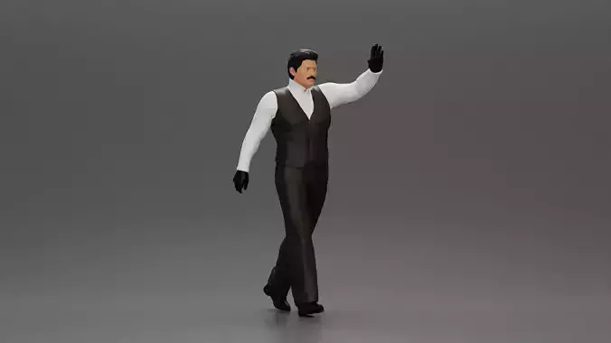 man in suit raising hand up walking