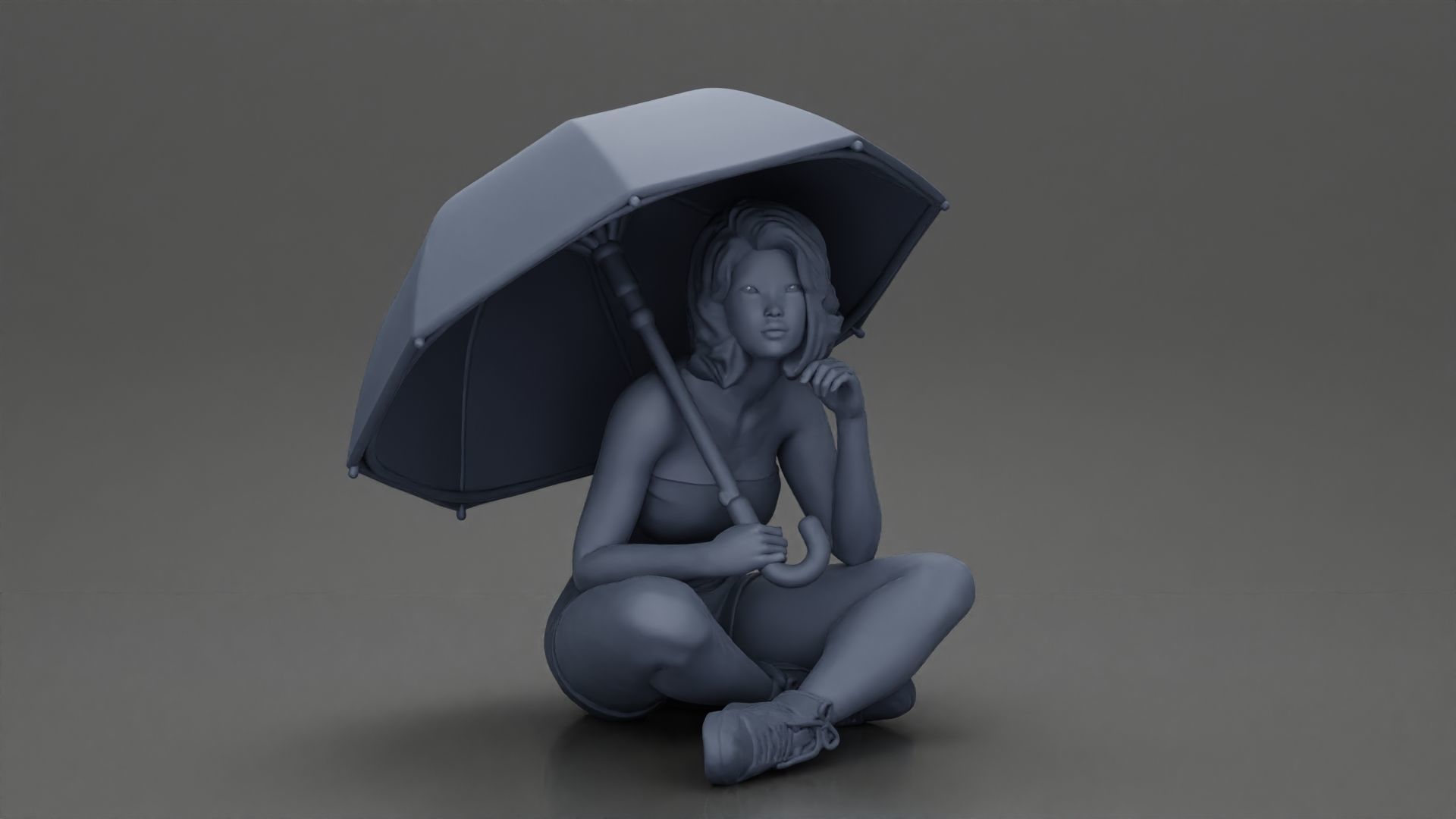Pretty Girl with an Umbrella in bra and Shorts Sitting 3D print model_7