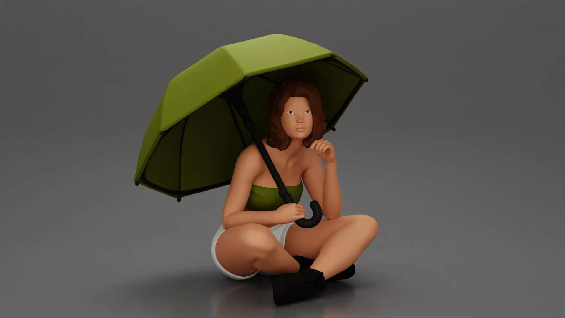 Pretty Girl with an Umbrella in bra and Shorts Sitting 3D print model_0