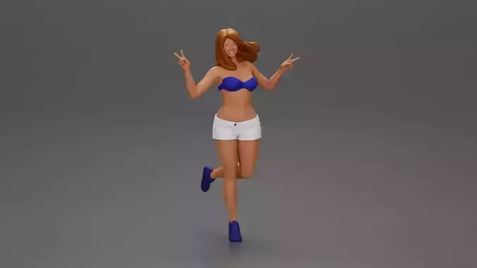 happy girl in a bra  and shorts jumping on one leg