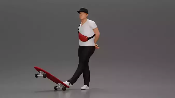 skater man leaning against the wall wearing cap banana bag