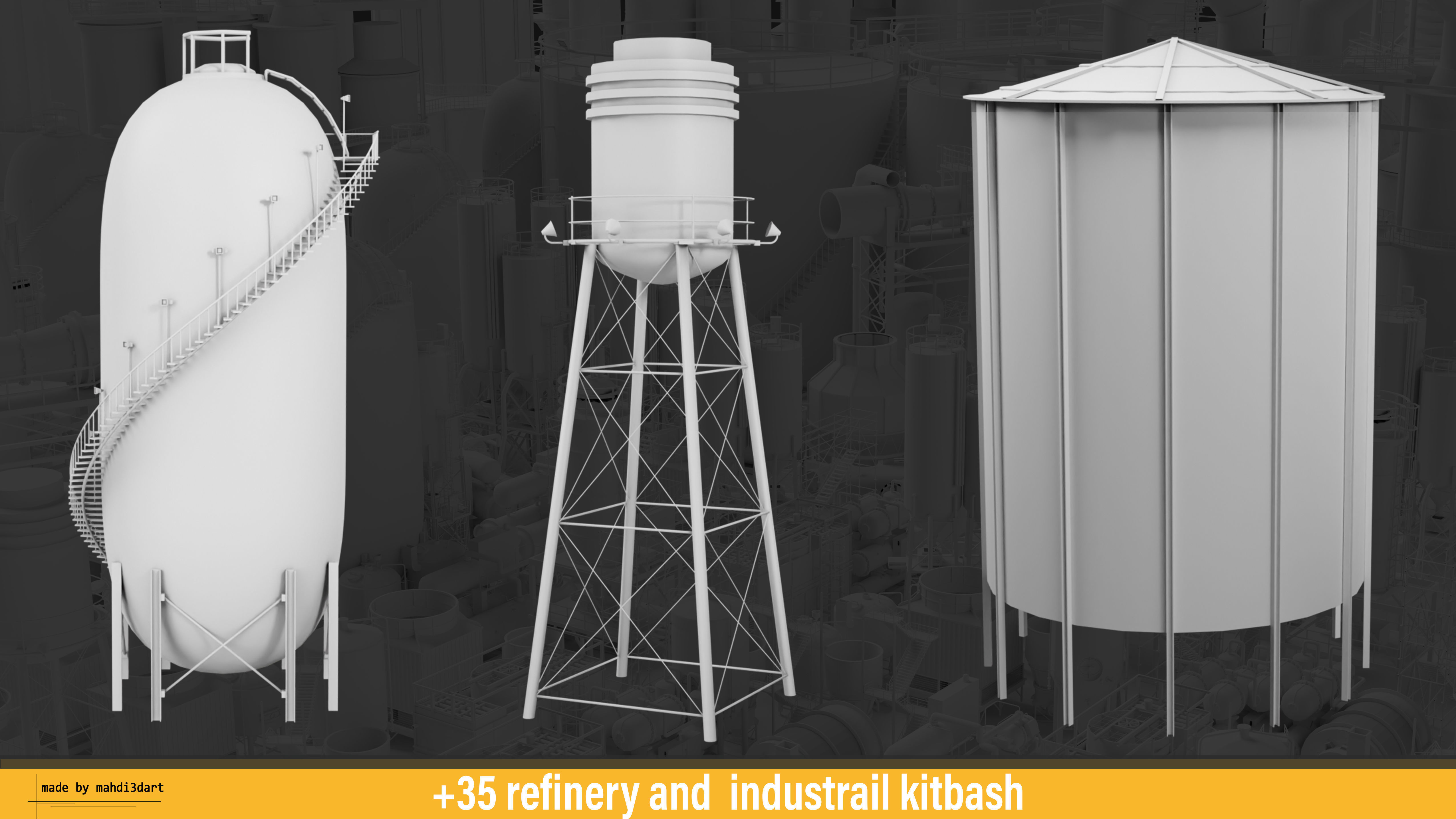 refinery and industrail kitbash 3D model_10