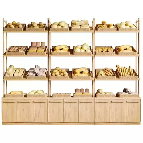 Showcase in a supermarket or cafe with pastries bread