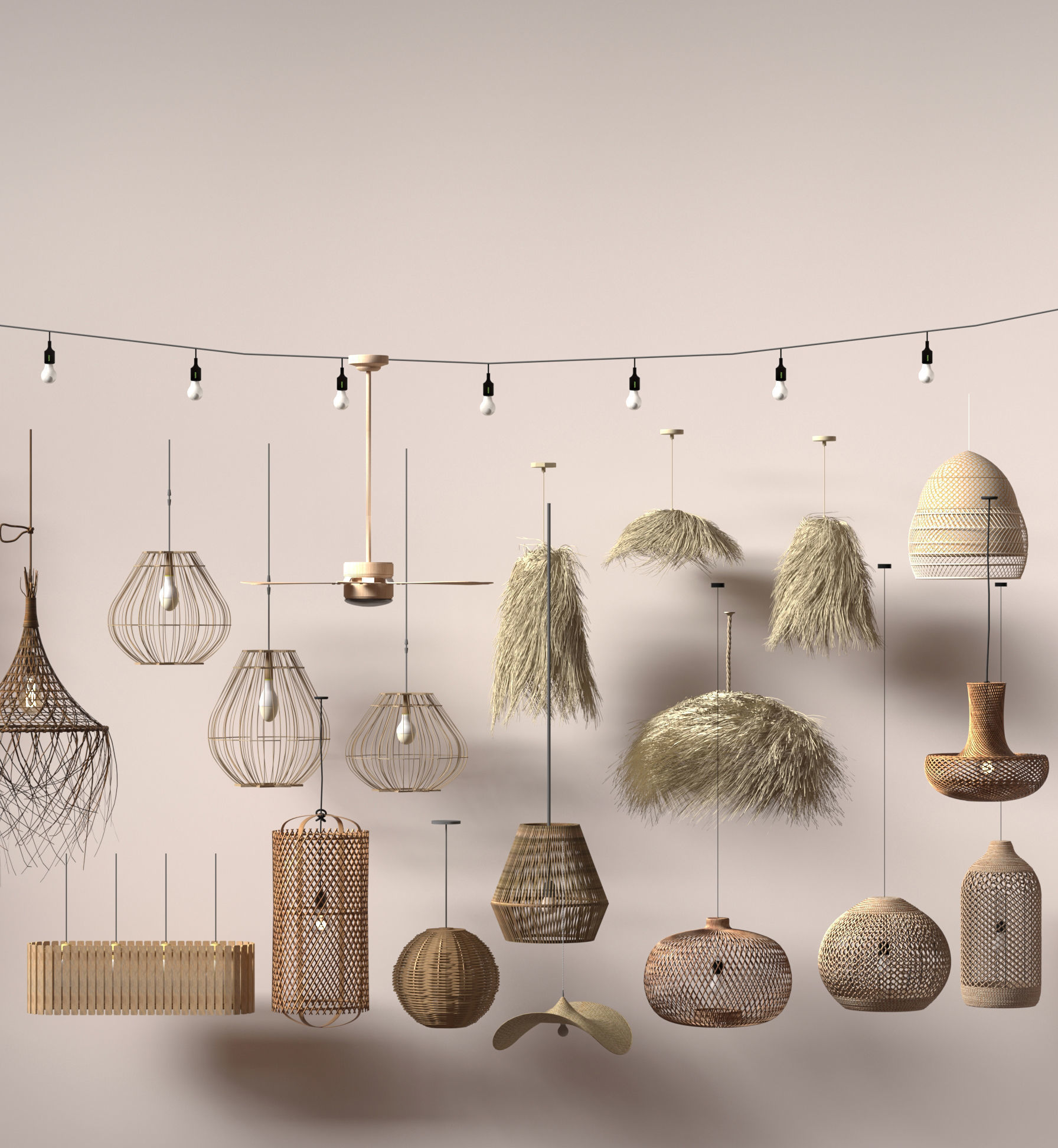 Wabi - sabi Boho pendant light collection 3D model_2