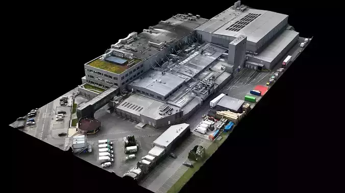 factory buildings halls industrial terrain drone scan