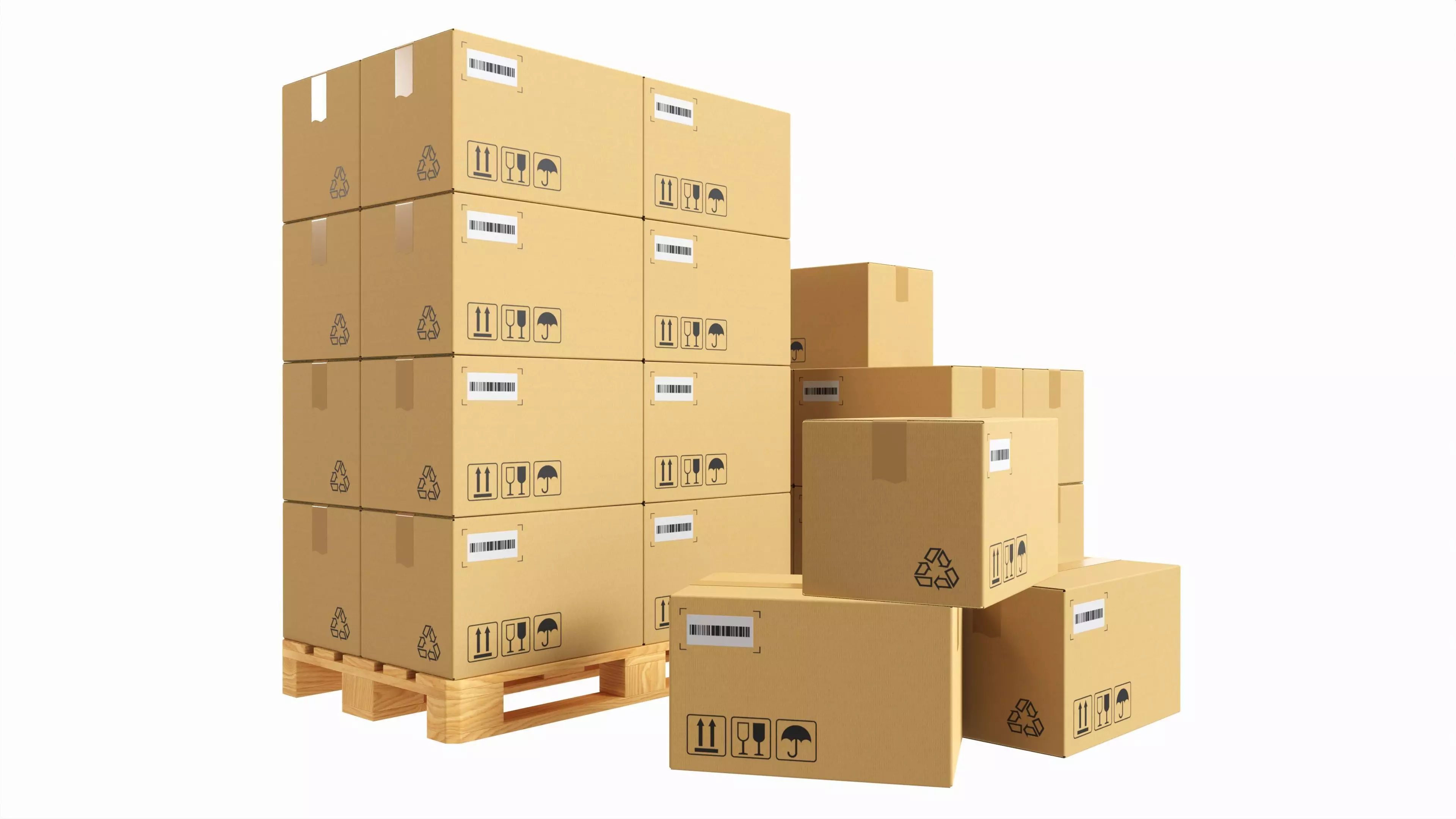 Cardboard boxes on a pallets 3D model_0