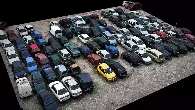 cars abandoned wrecks closeup terrain drone scan