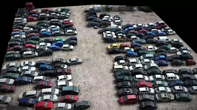abandoned cars wrecks large parking terrain drone scan