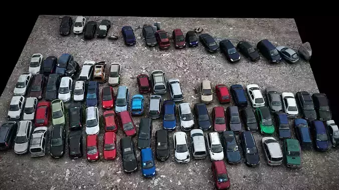 cars abandoned wrecks parking closeup drone scan