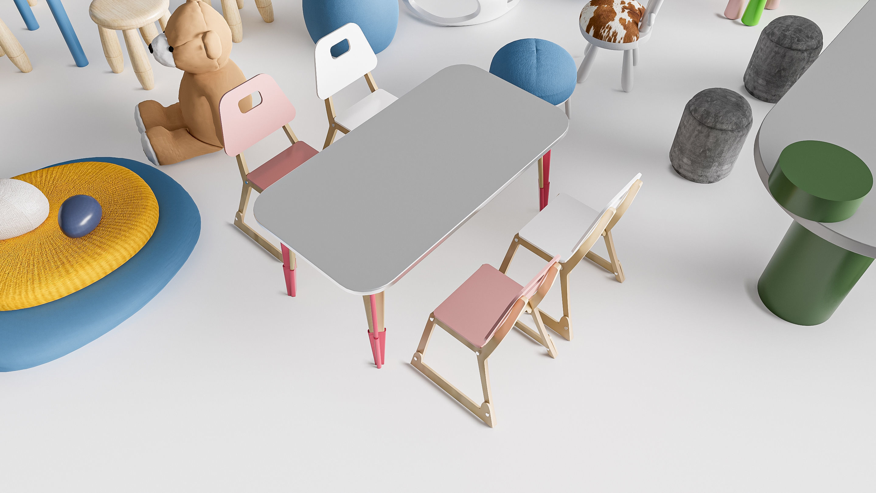 Children table and chairs 5 3D model_2