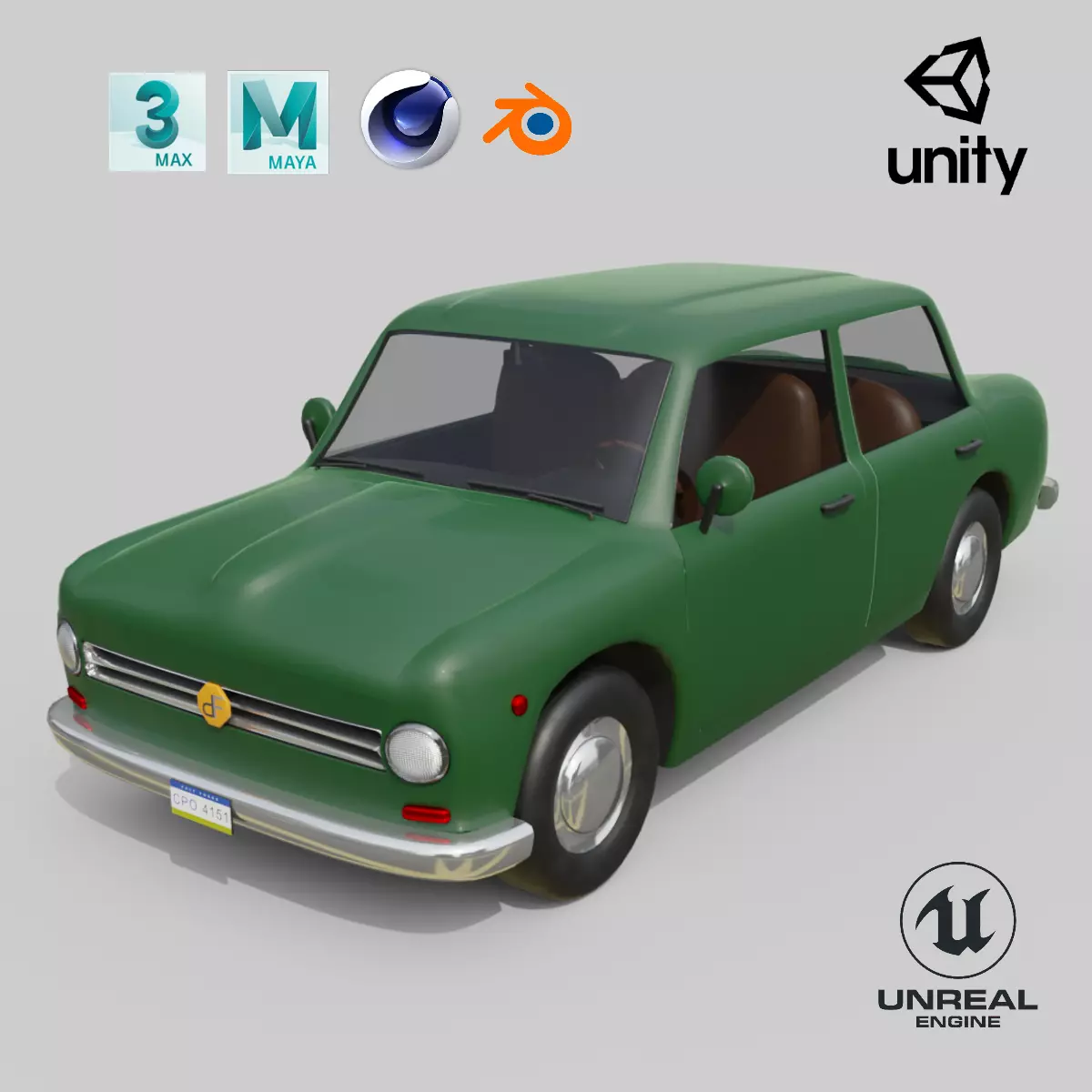 Vintage Sedan Car Game-Ready and Render Asset Low-poly 3D model_0