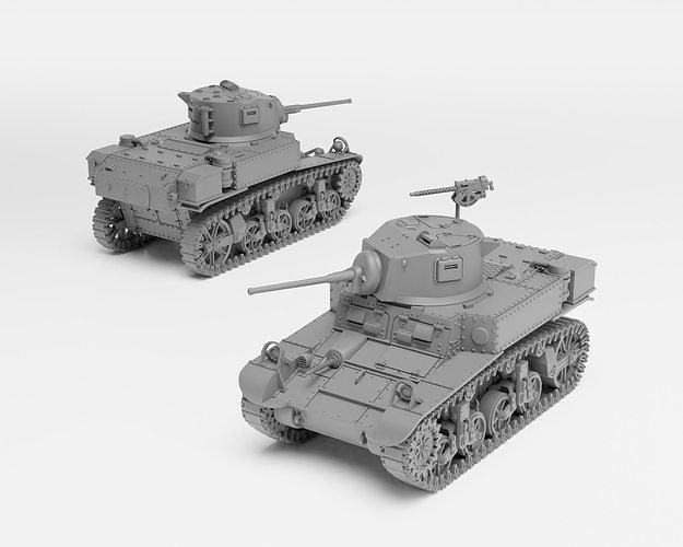 M3A1 Stuart - 1-72 tank model - Supported 3D print model 3