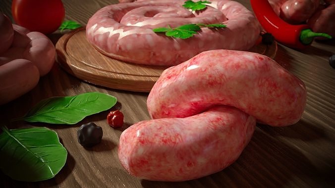 Various raw meat sausages 3D model 3