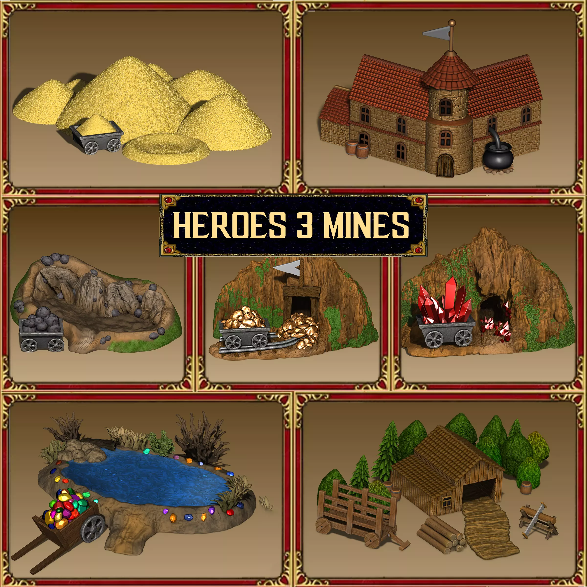 Heroes 3 resource mines miniatures collection 3D print model
