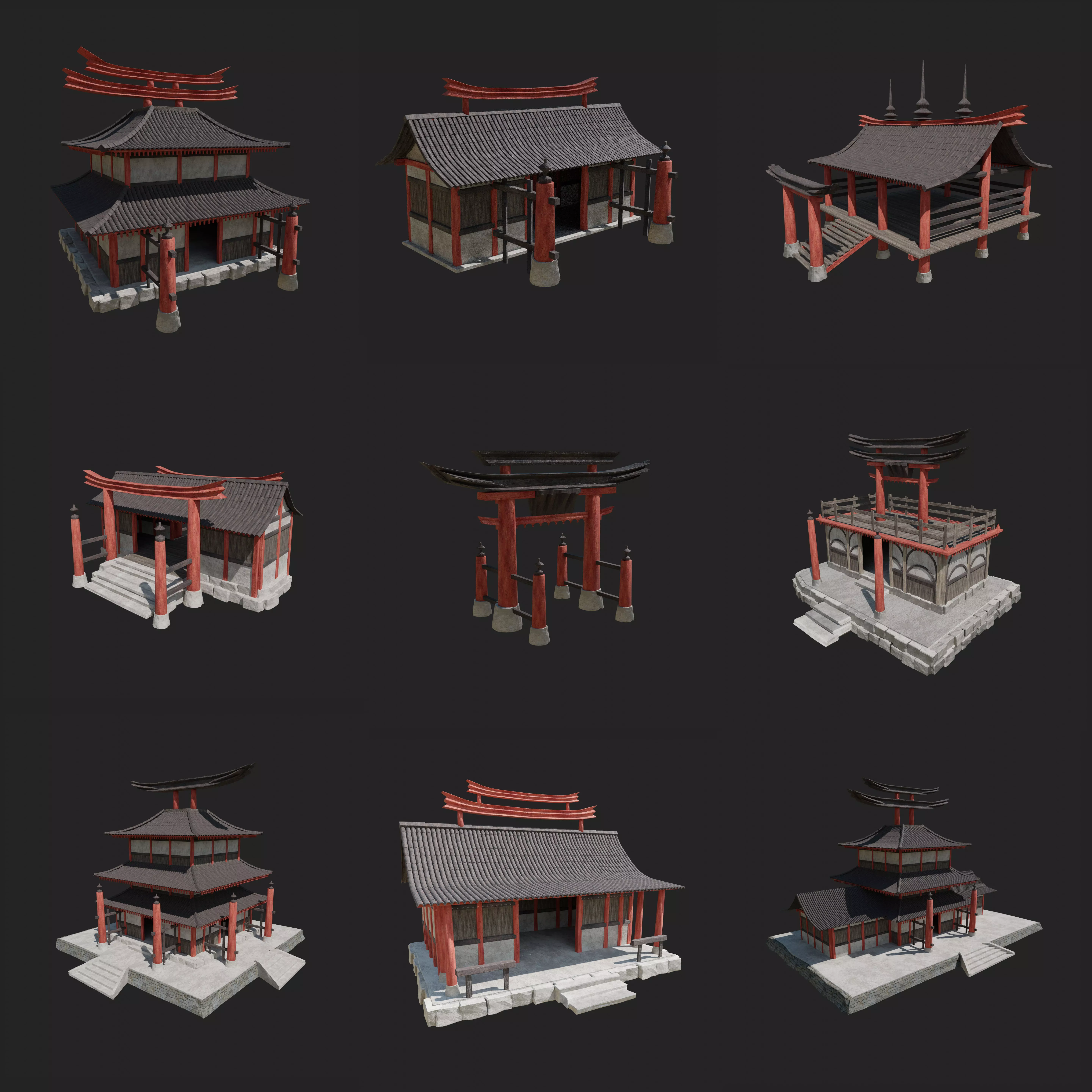JAPANESE ASIAN FEUDAL ZEN TEMPLE SHRINE STRUCTURES COLLECTION Low-poly 3D model