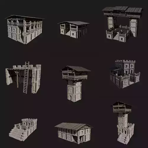 VIKING FORT NORSE FORTRESS CASTLE WALLS WATCHTOWER BUILDINGS Low-poly 3D model