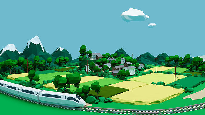 Rural landscape and low poly trees Low-poly 3D model