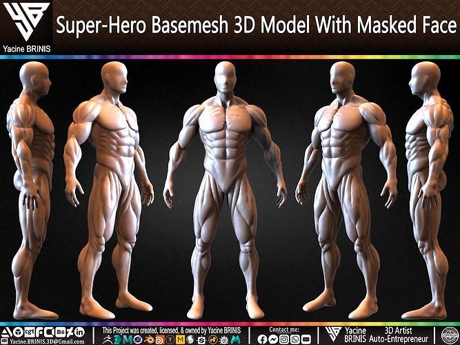 Super-Hero Basemesh 3D Model With Masked Face Low-poly 3D model