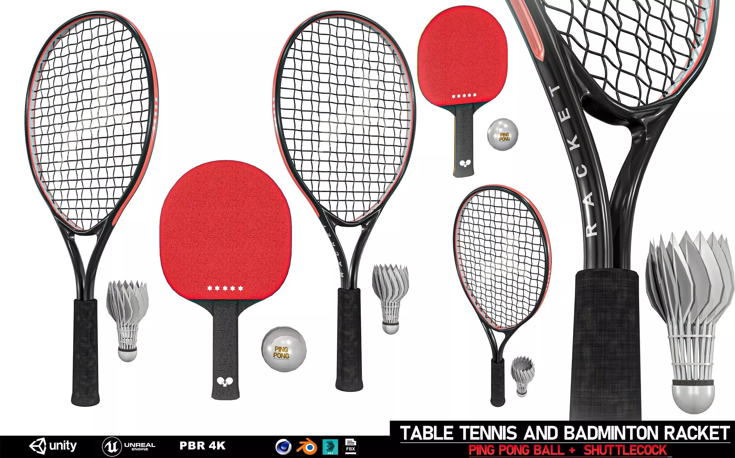 Table Tennis And Badminton Racket Pack Low-poly 3D model_0