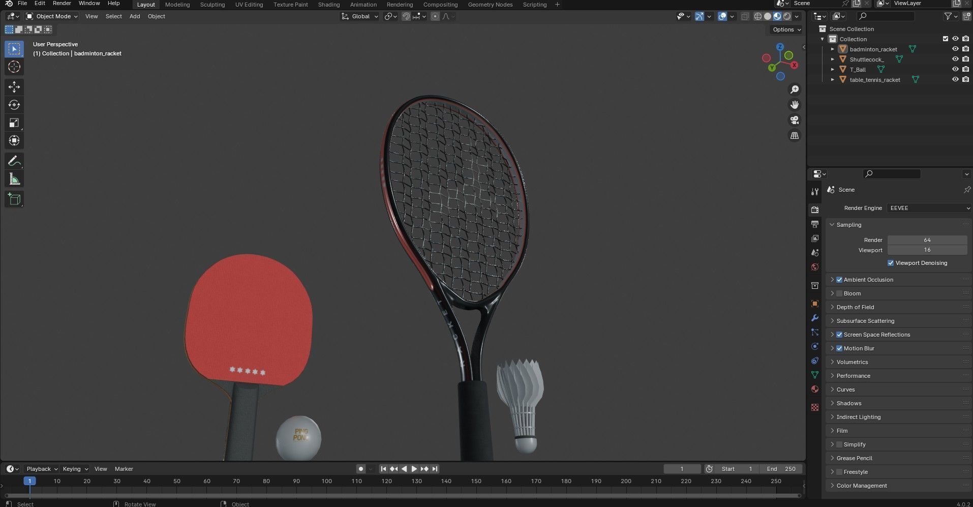 Table Tennis And Badminton Racket Pack Low-poly 3D model_24