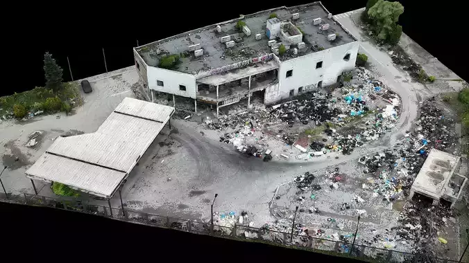 abandoned post apo gas station ruins dronescan
