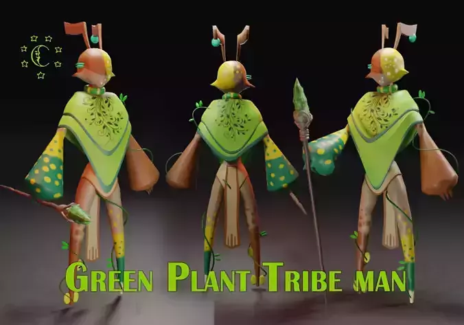 Low Poly game-ready rigged Fantasy magician Green Plant Tribe Low-poly 3D model